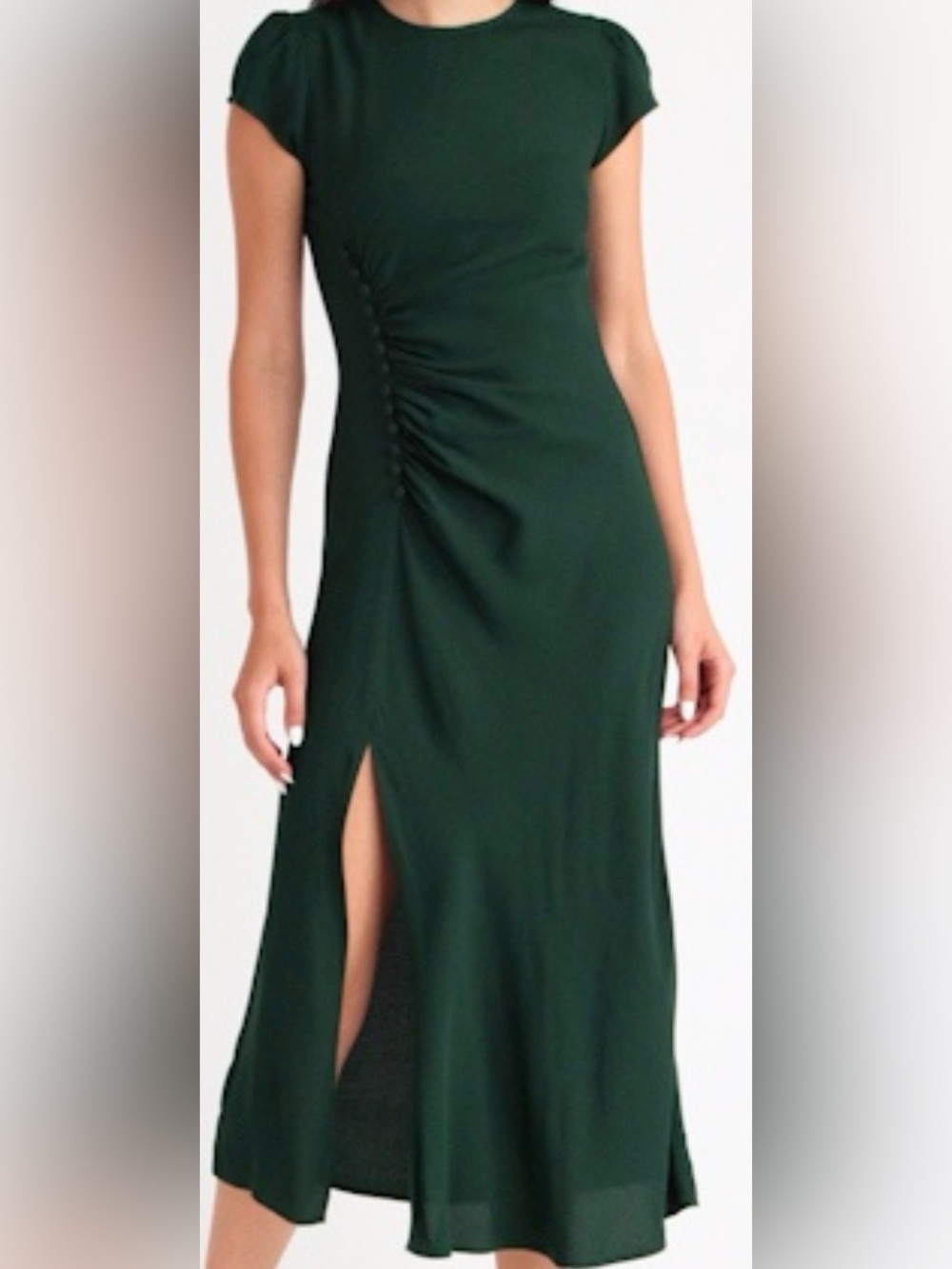 Reformation Frasier Midi Dress Green Size 4 Ruched Button Detail Side Slit